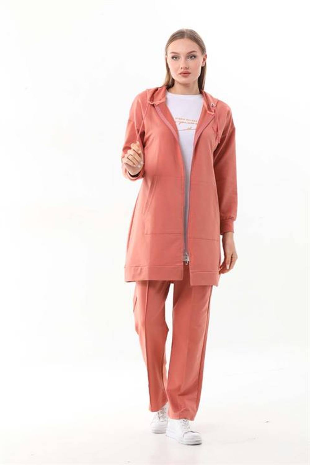 Women's Embossed Printed Salmon Color 3-Piece Sports Suit