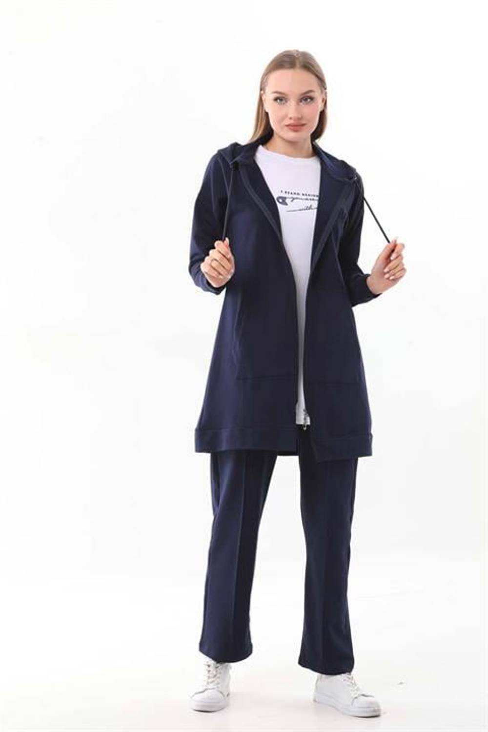 Kadın Kabartma Baskılı Lacivert Renk 3 lü Spor Takım