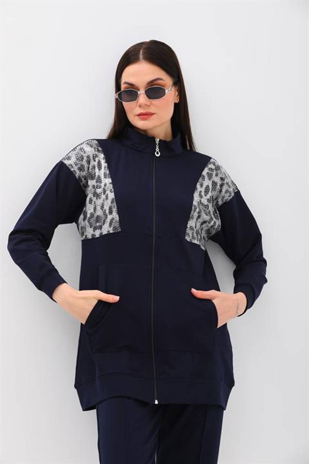 Women's Leopard Sequined Daily 2-piece Sports Suit DARK BLUE