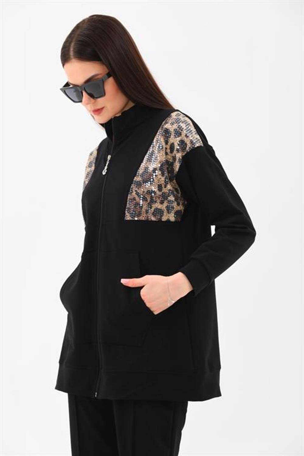 Women's Leopard Sequined Daily 2-piece Sports Suit BLACK