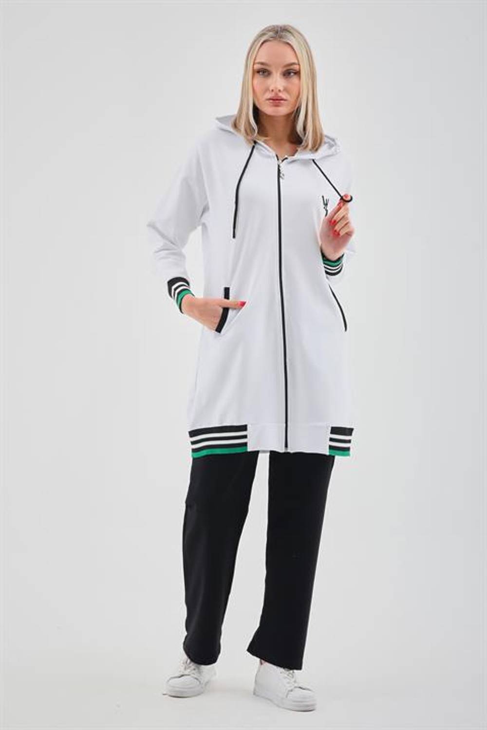 Жіночий повсякденний спортивний комплект з капюшоном, білого кольору, 2 частини, з високоякісної тканини, з довгою курткою та широкими штанами
