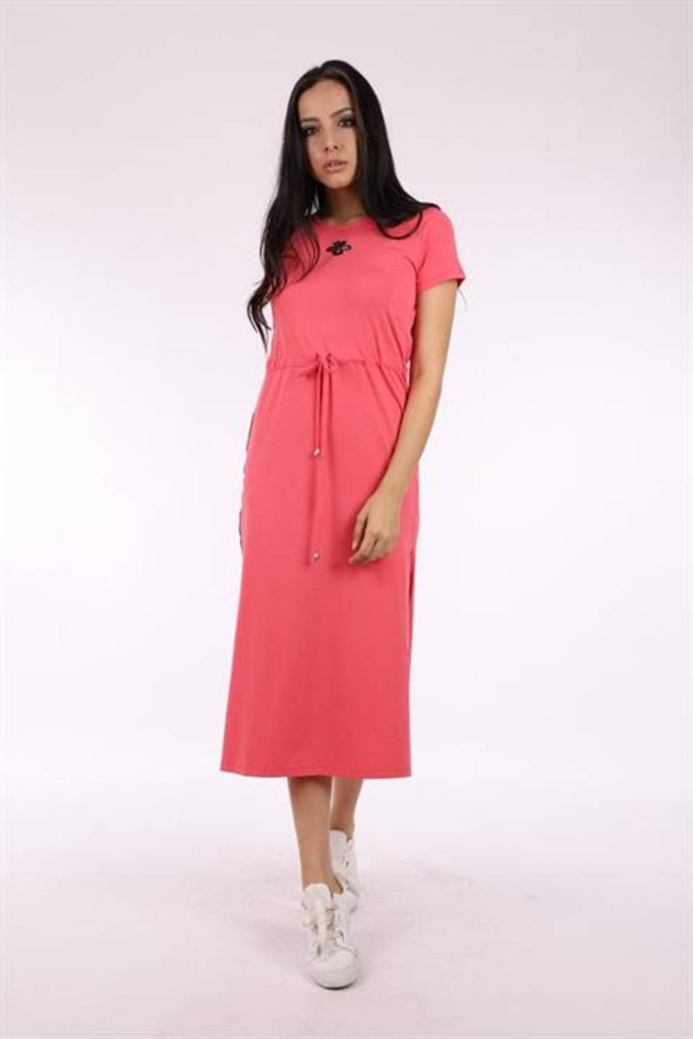 Pomegranate Flower Bee Embroidery, Striped, Slit Long Sports Dress