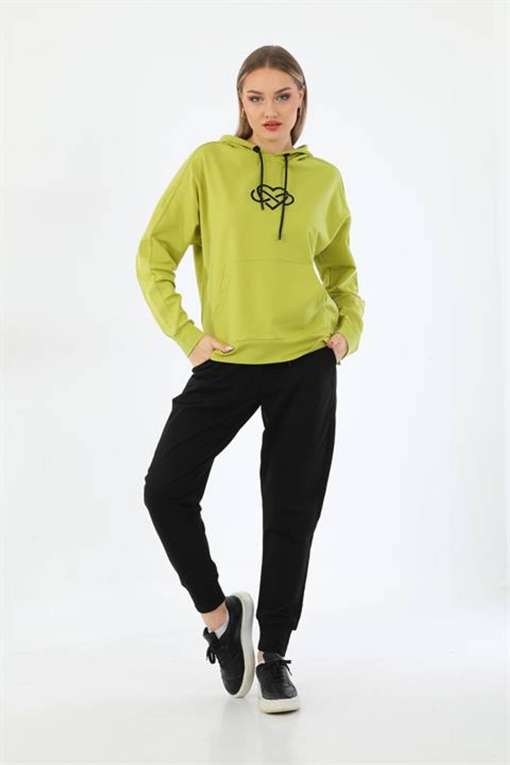 Heart Patterned Daily Sweat Jogger Women's Sport Combination Green