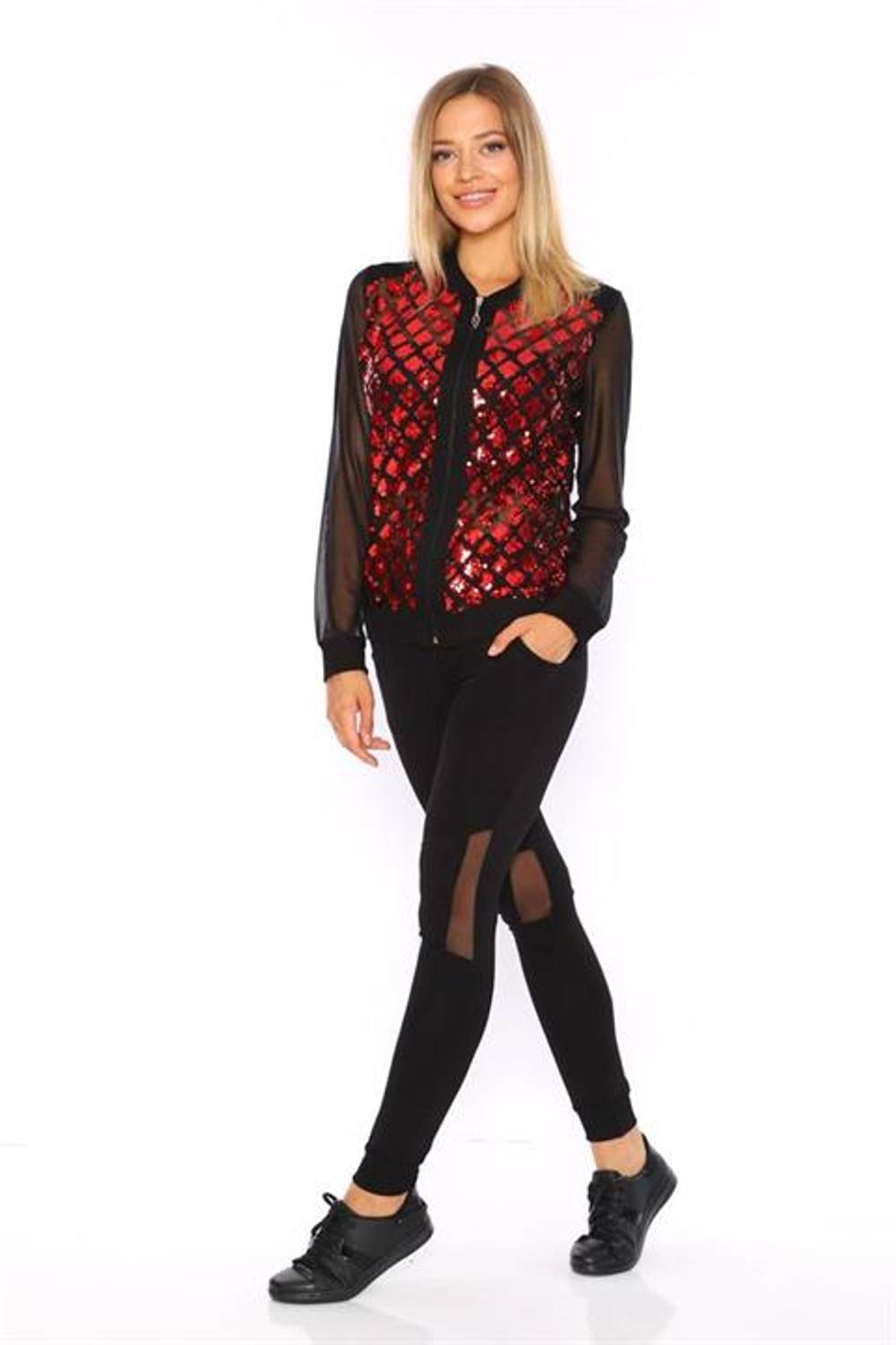 Trendy Transparent Sequin Sequin Women's Sport Suit MAROON