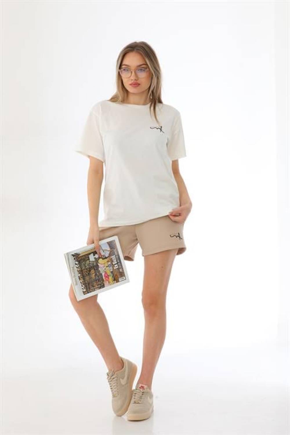 Women's T-Shirt Shorts Casual Sport Suit, Pajamas Set with Shorts Beige