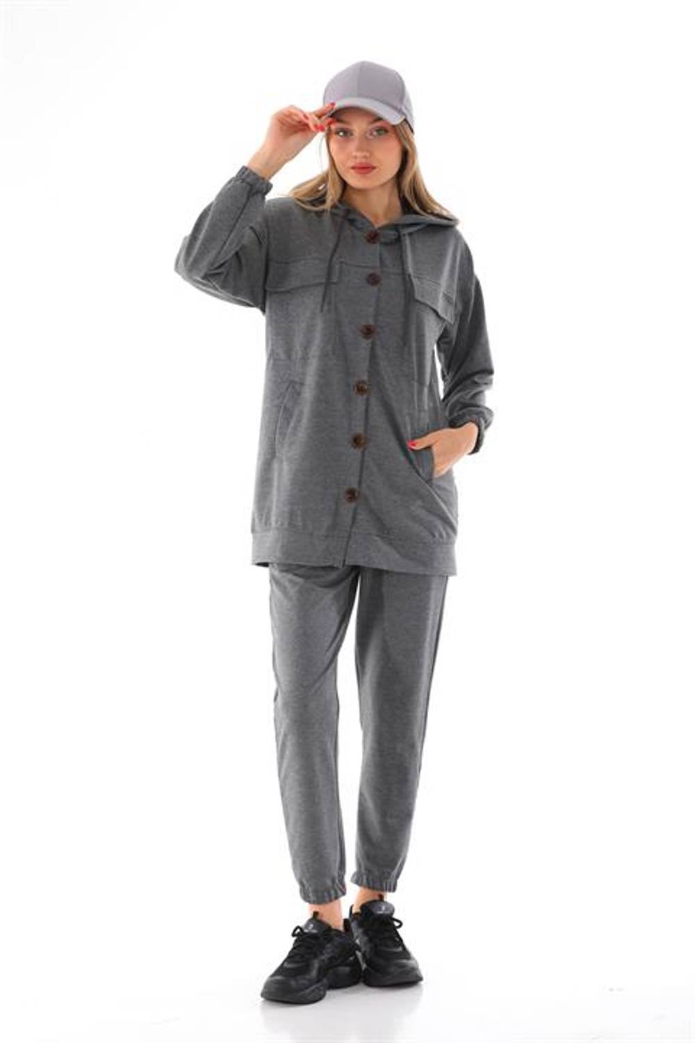 Big Buttoned Women's Casual Sports Suit GRAY