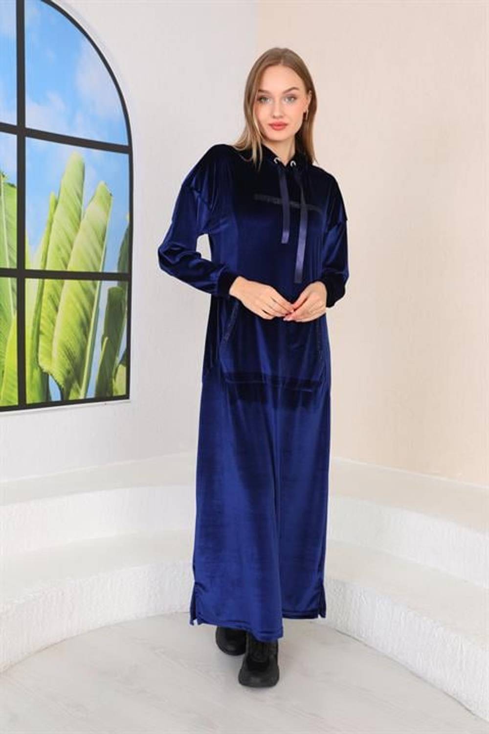 Stone Printed Kangaroo Pocket Velvet Long Dress DARK BLUE