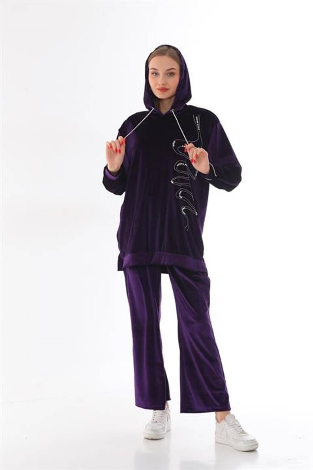 Женский комплект с капюшоном из бархата с каменной отделкой - фиолетовый
