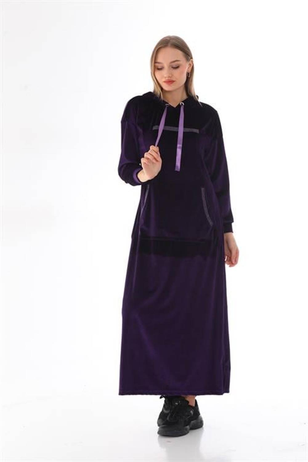 Stone Printed Kangaroo Pocket Velvet Long Dress PURPLE