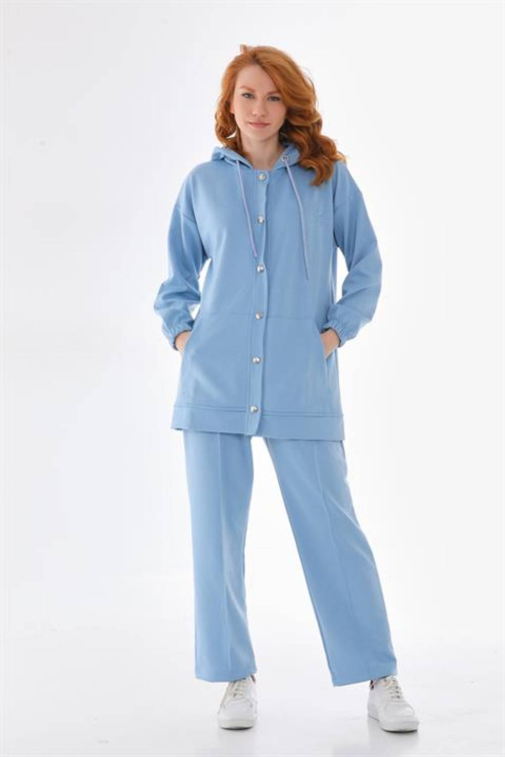Women's Ice Blue Bottom Top Set Jacket Wide Leg Trousers
