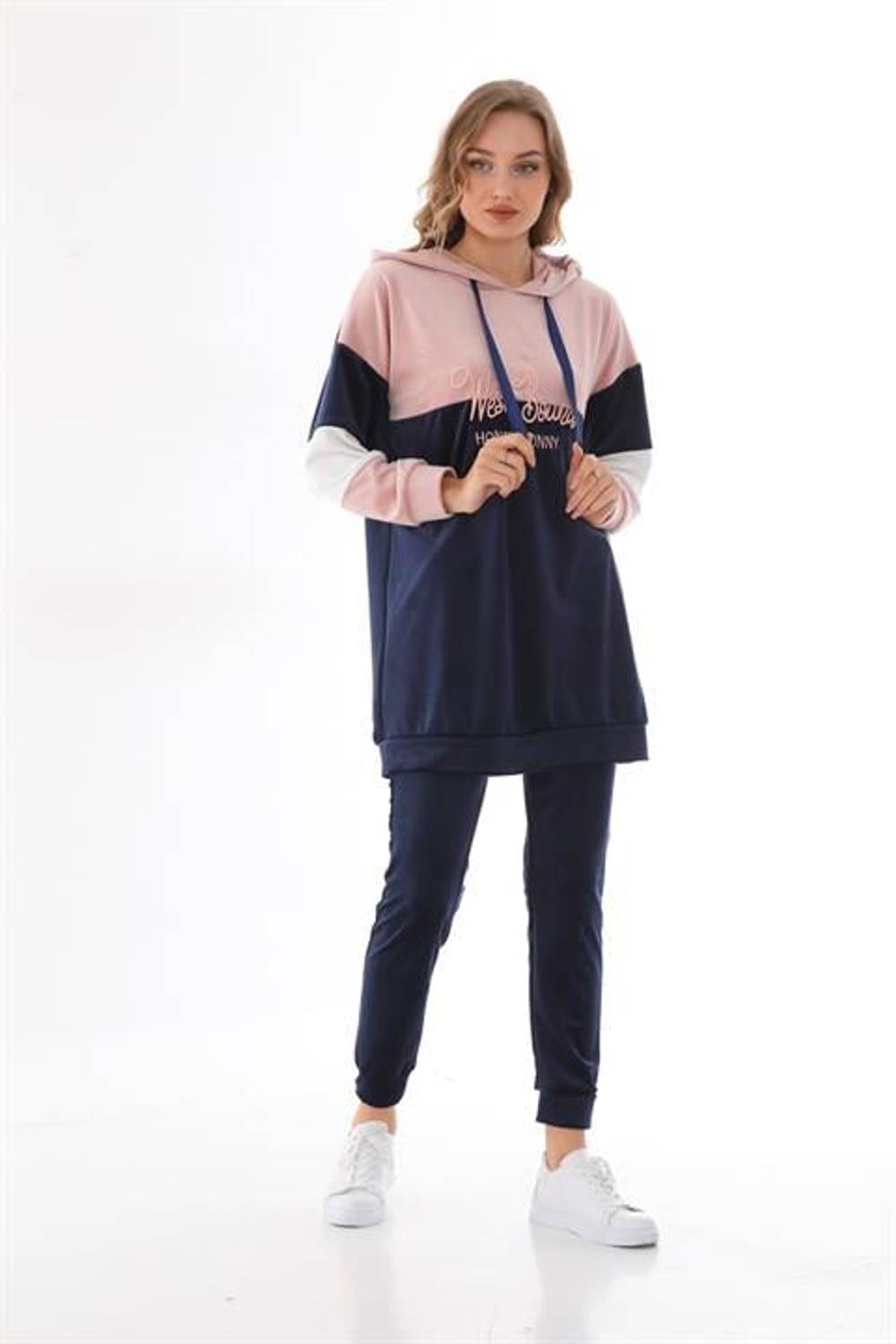 Women's Powder Navy Blue French Velvet Plush Tracksuit Set