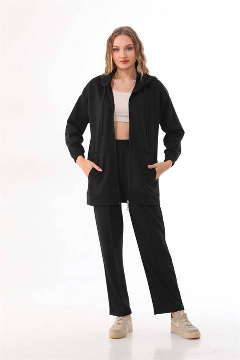 Women's Black Bottom Top Sports Suit Jacket Wide Leg Trousers