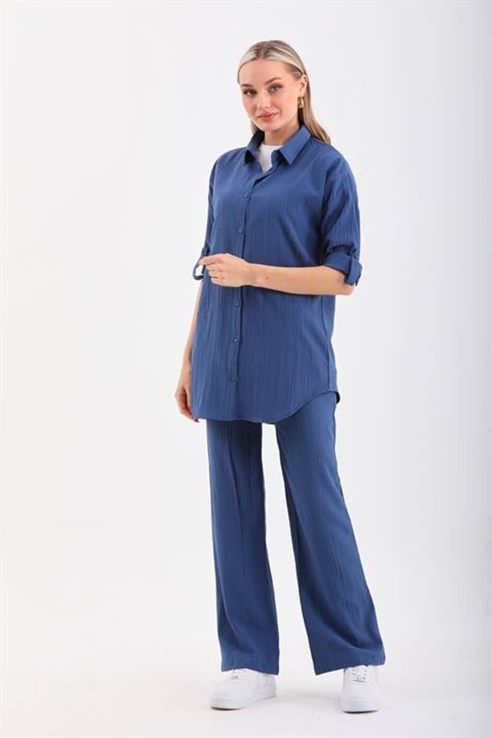 Женский повседневный комплект из 3-х вещей: рубашка, брюки и футболка - ИНДИГО, качество Ayborin, свободный крой, идеален для повседневной носки