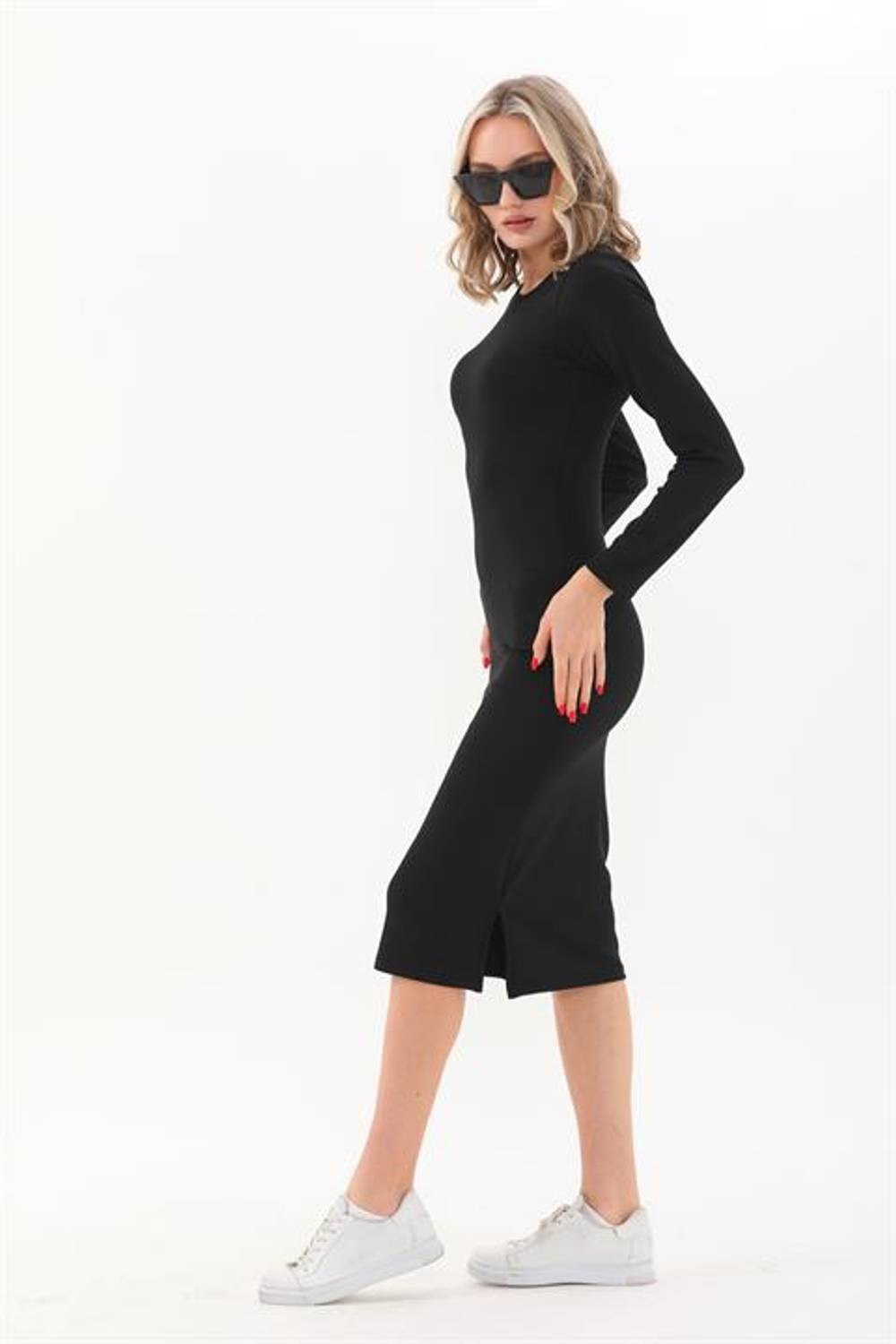 Ribbed Slit Long Sleeve Summer Midi Daily Pencil Dress Black