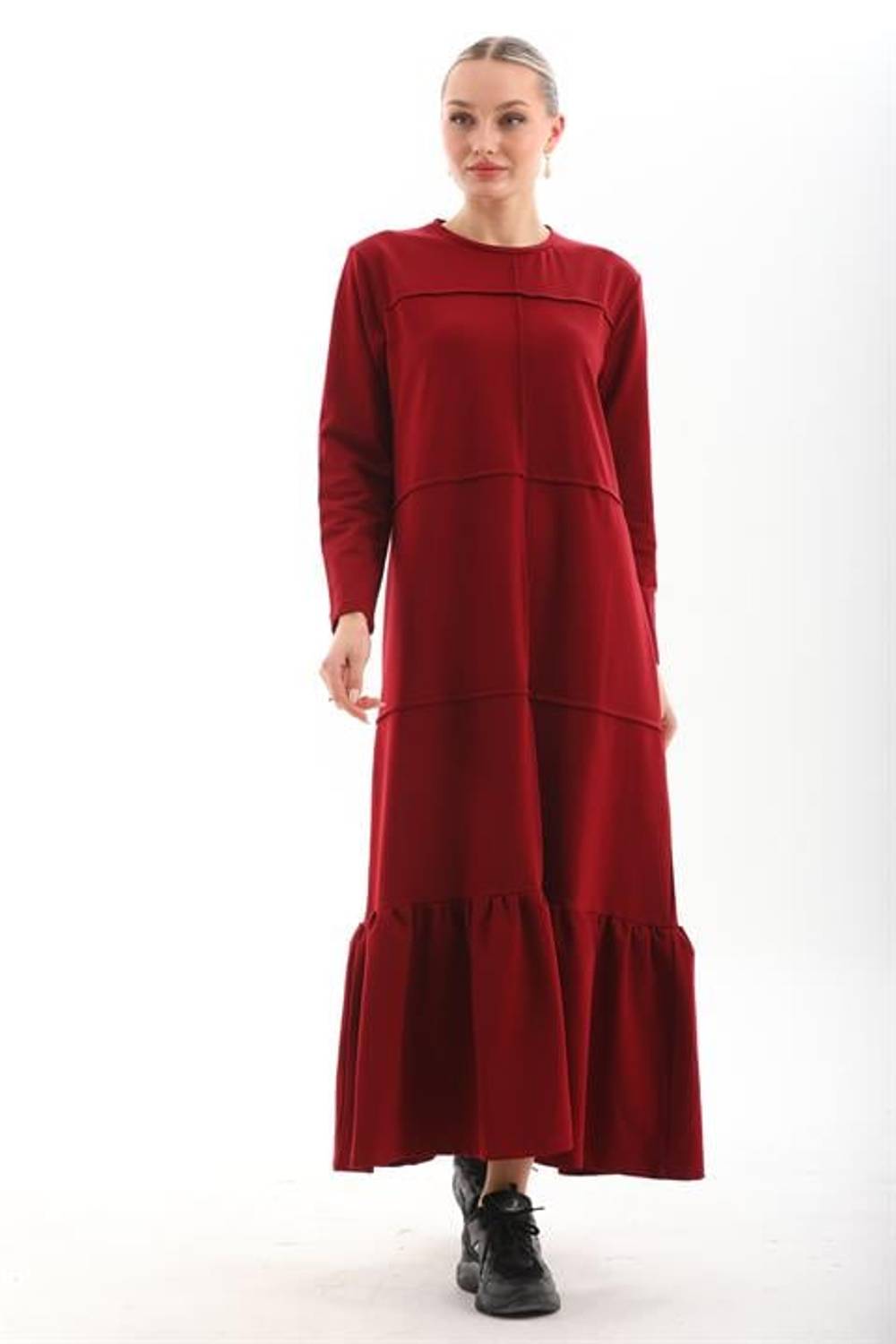 Длинное платье бордового цвета с рифленым подолом для женщин, деликатное и стильное, подходит для повседневного ношения в любой сезон