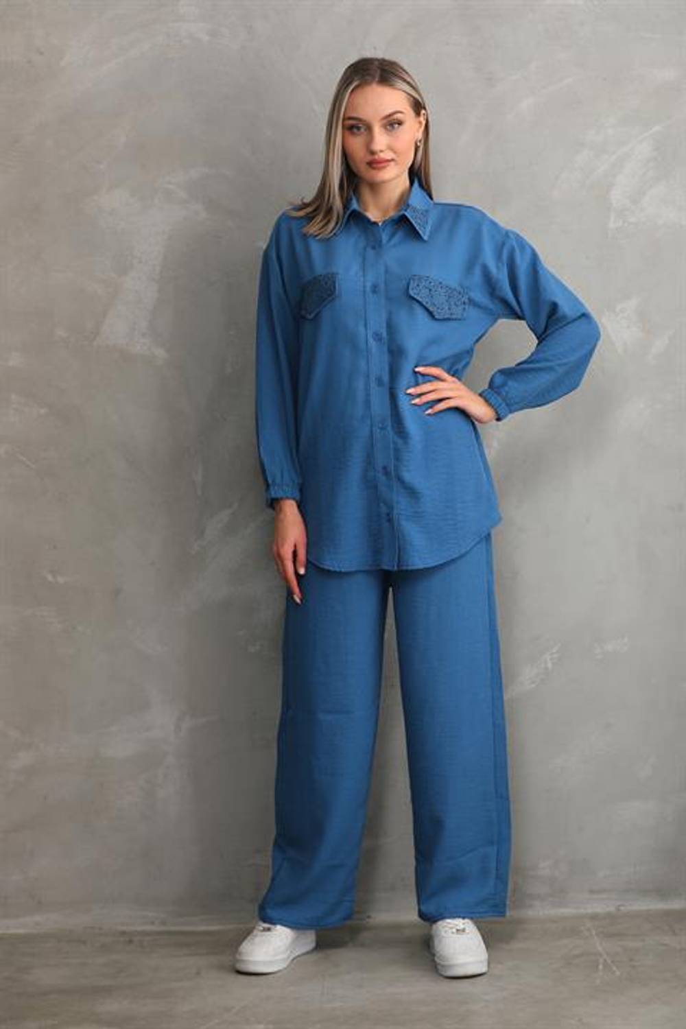 Kadın Taş İşlemeli Tesettür İkili Yazlık Alt Üst Takım - Kot Rengi