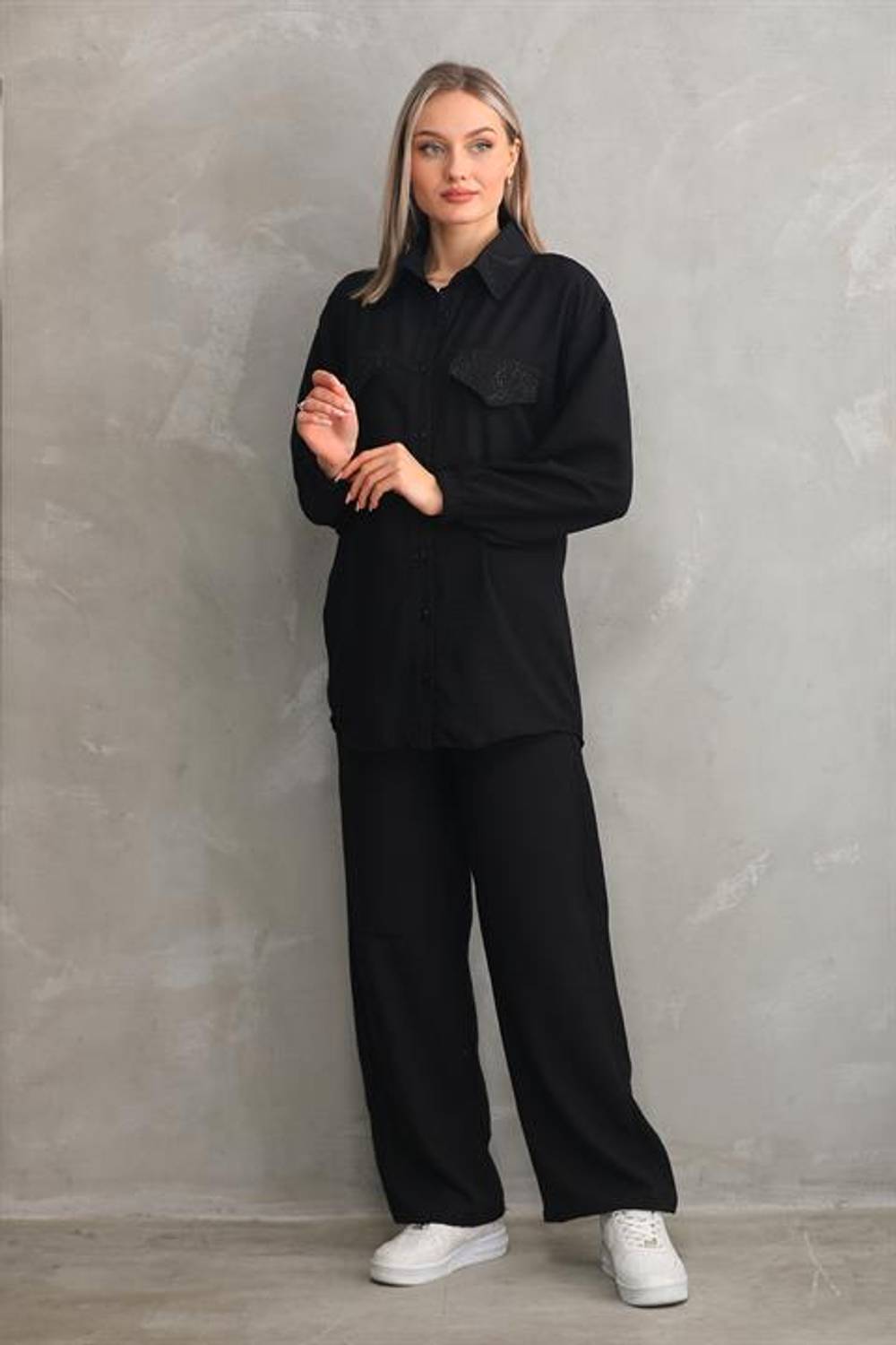 Kadın Taş İşlemeli Tesettür İkili Yazlık Alt Üst Takım - Siyah