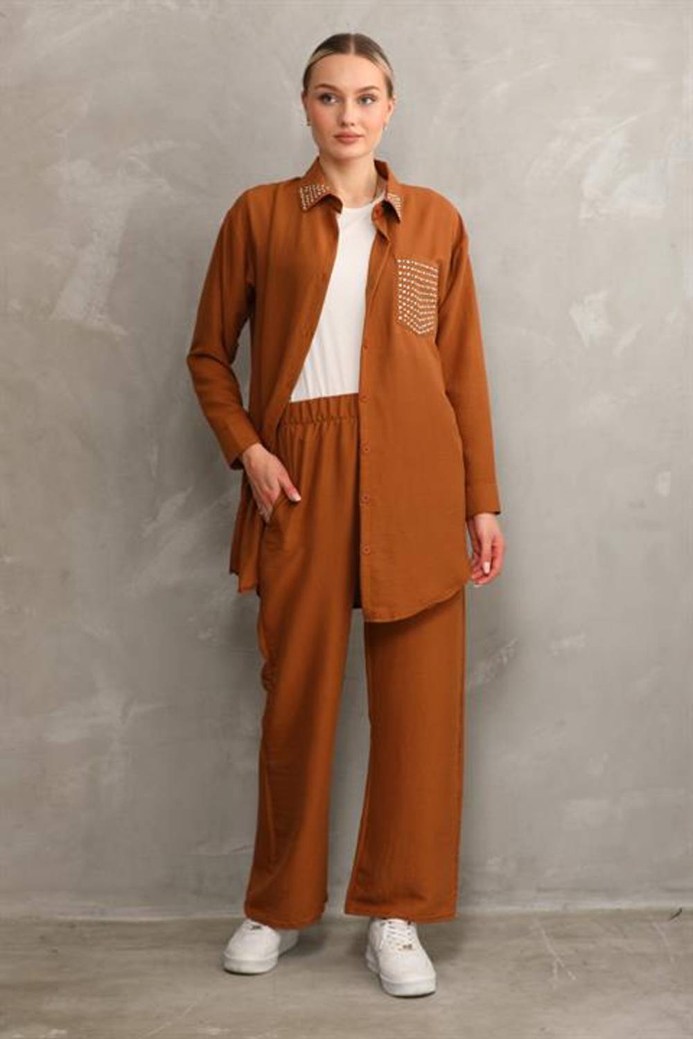 Жіночий костюм з тунікою та штанами з камінням, літній, високий пояс, широкий крій, колір - кирпичевий
