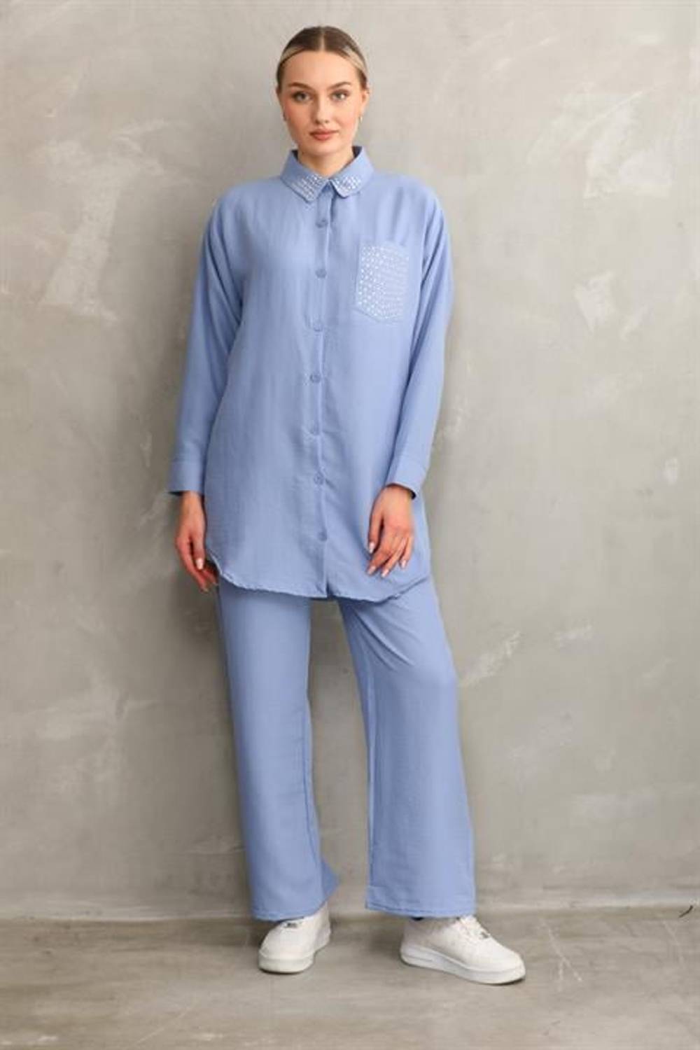 Kadın Taşlı Tesettür İkili Yazlık Tunik Pantolon Alt Üst Takım - Buz Mavi