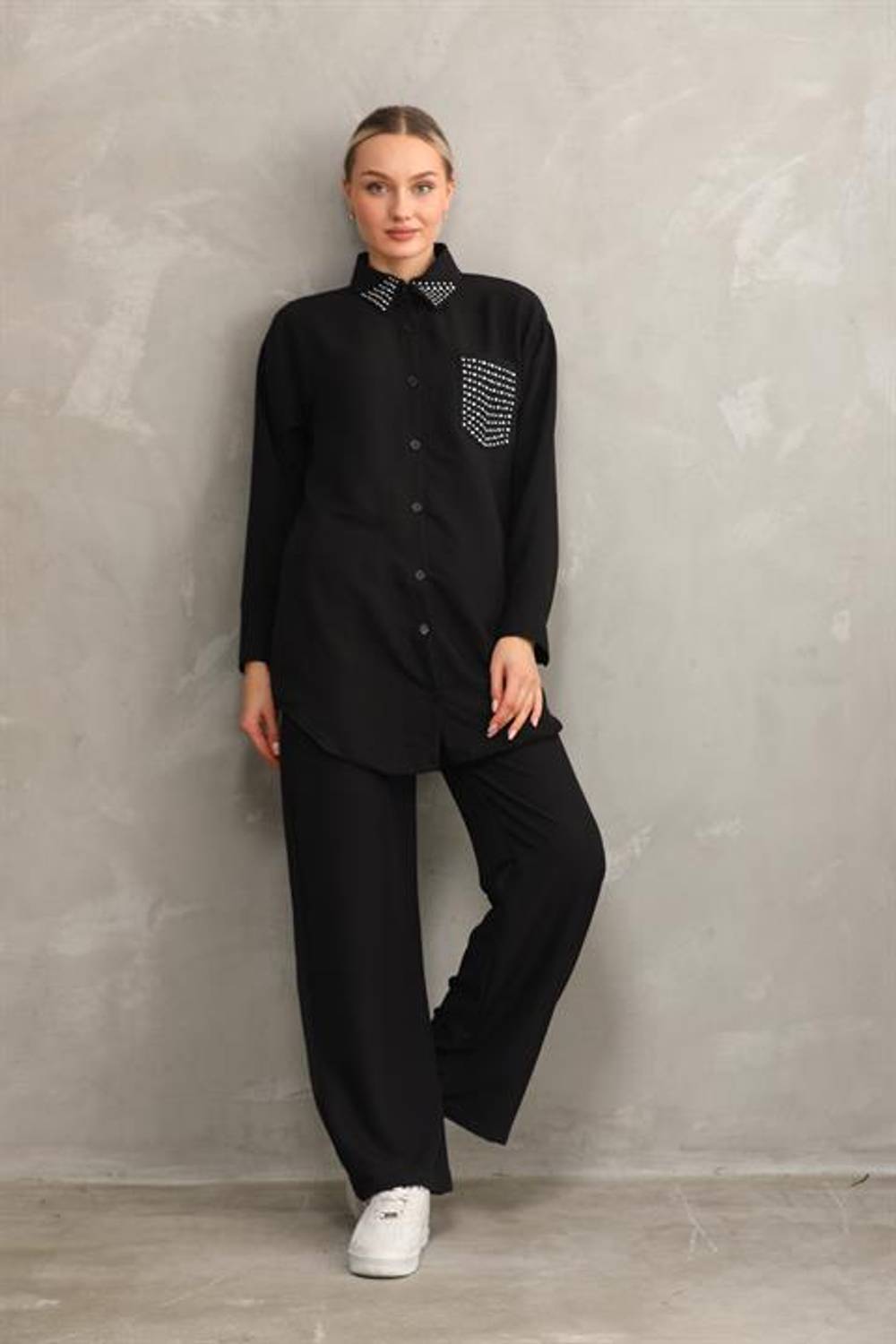 Kadın Taşlı Tesettür İkili Yazlık Tunik Pantolon Alt Üst Takım - Siyah