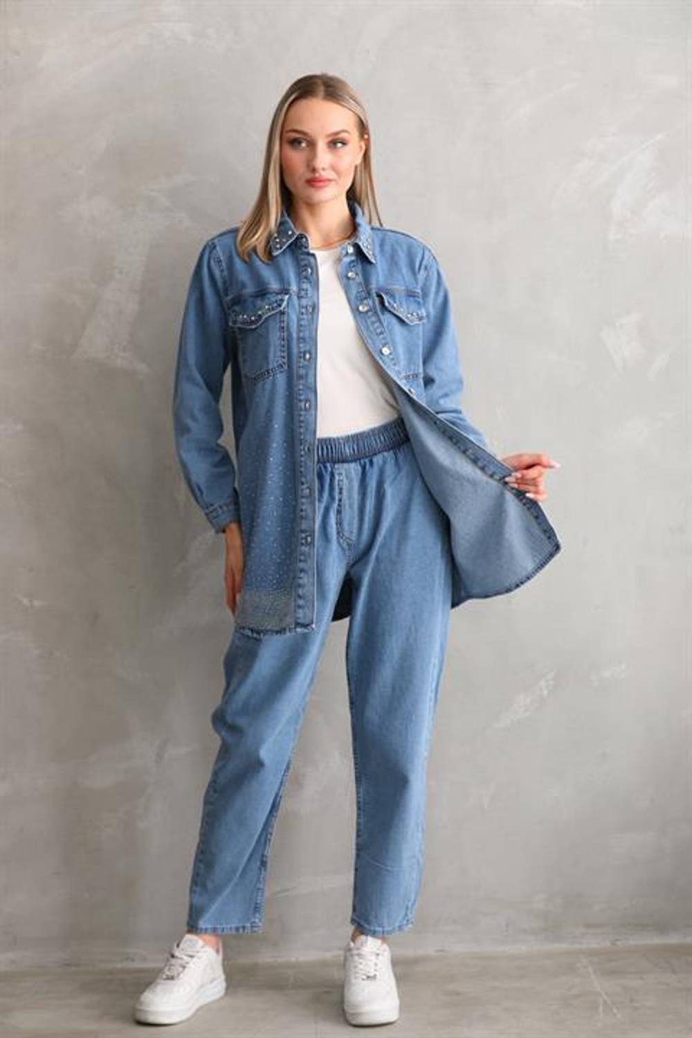Kadın Taş İşlemeli Tesettür Kot Jean Alt Üst  Takım Açık Mavi 