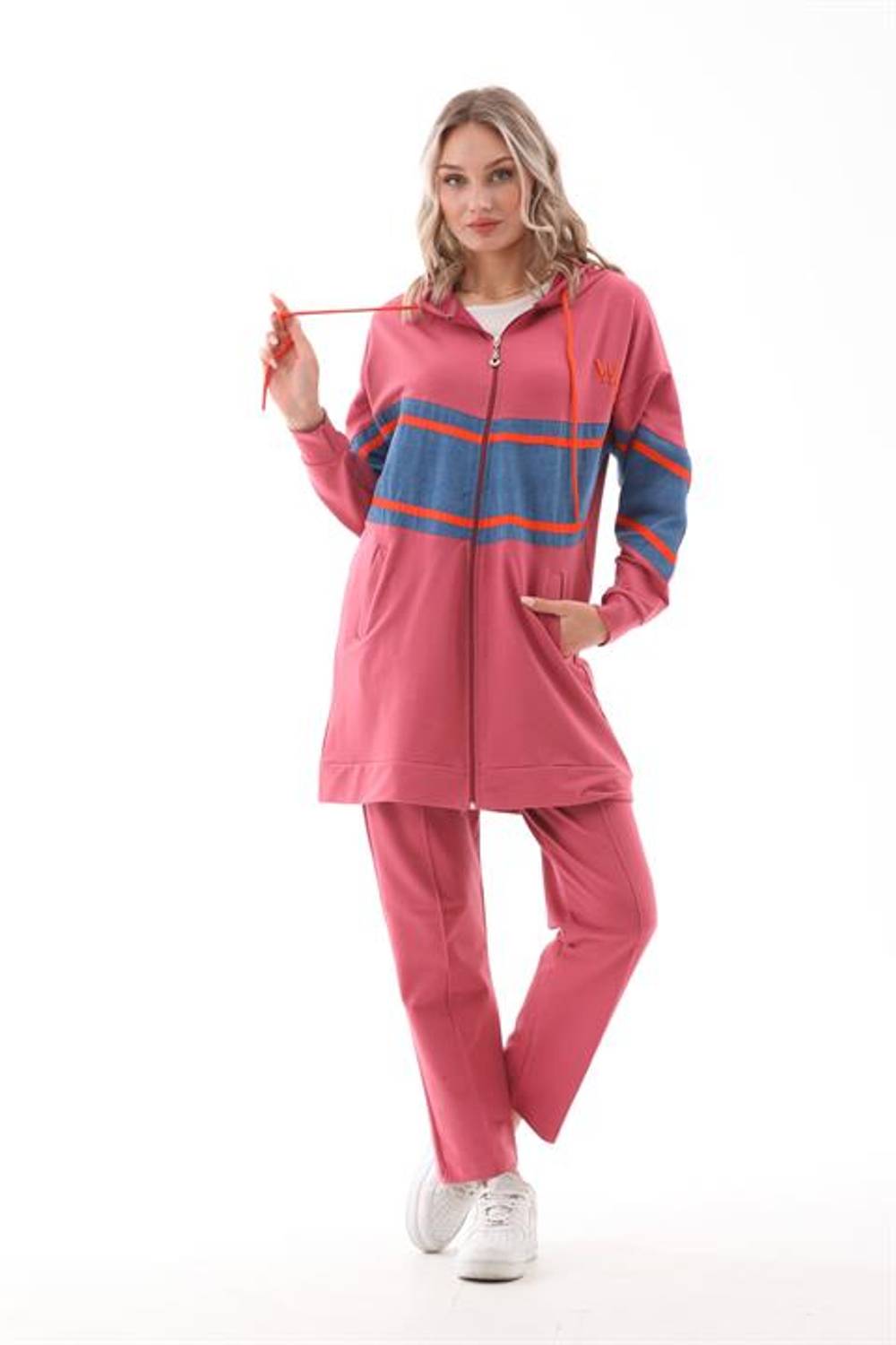 Kadın Kot Parçalı Şeritli Alt Üst İkili Eşofman Takımı PUDRA