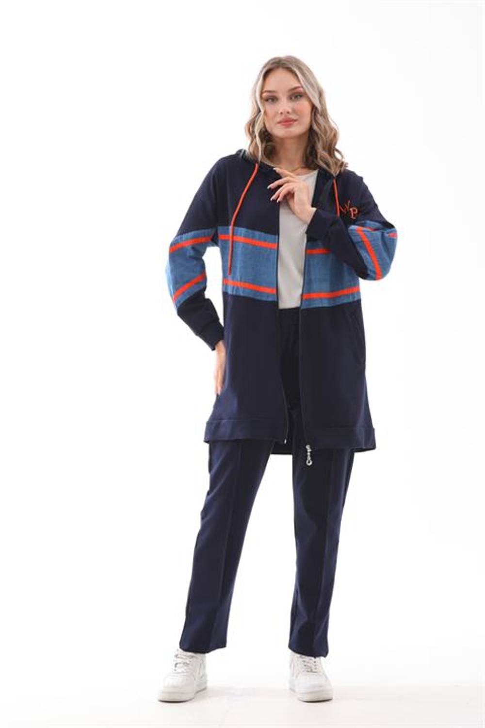 Kadın Kot Parçalı Şeritli Alt Üst İkili Eşofman Takımı LACİVERT