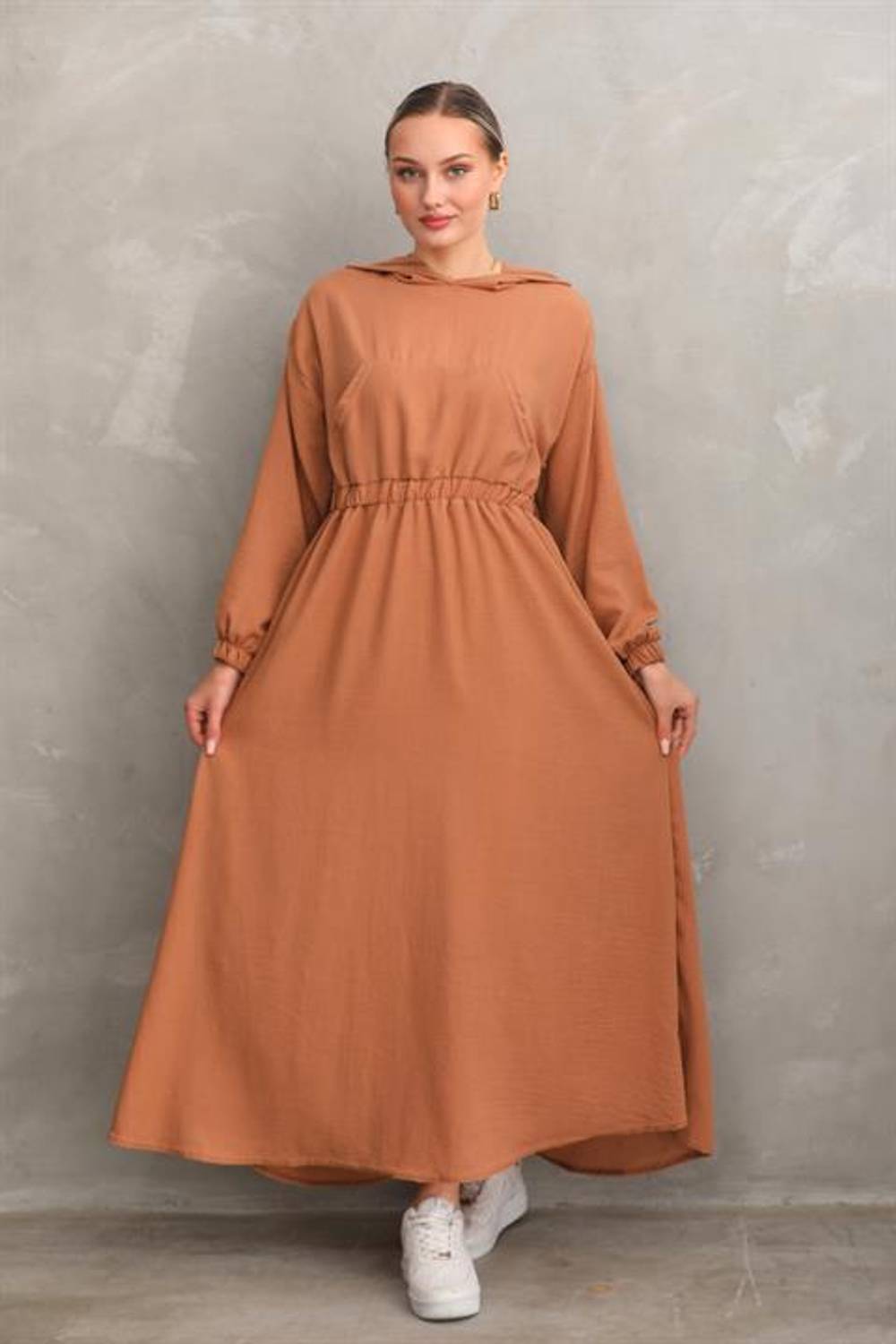 Kadın Yazlık Keten Tesettür Spor  Elbise Kapüşonlu Belden Büzgülü Cepli TABA