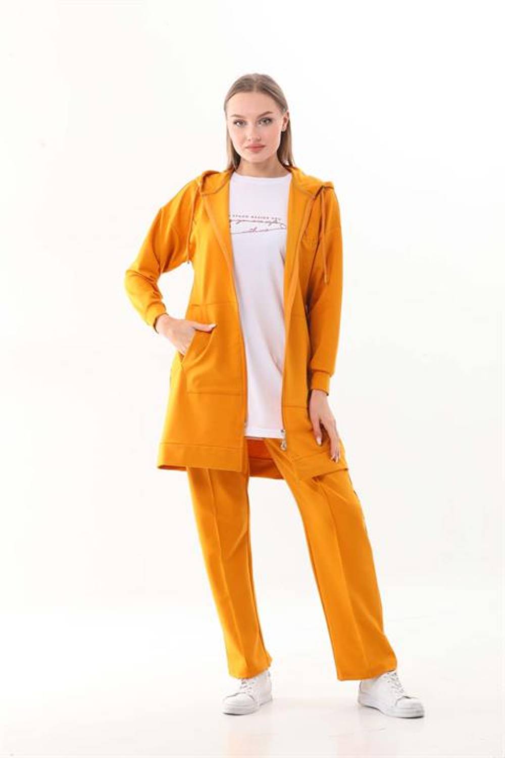 Kadın Kabartma Baskılı Hardal Renk 3 lü Spor Takım