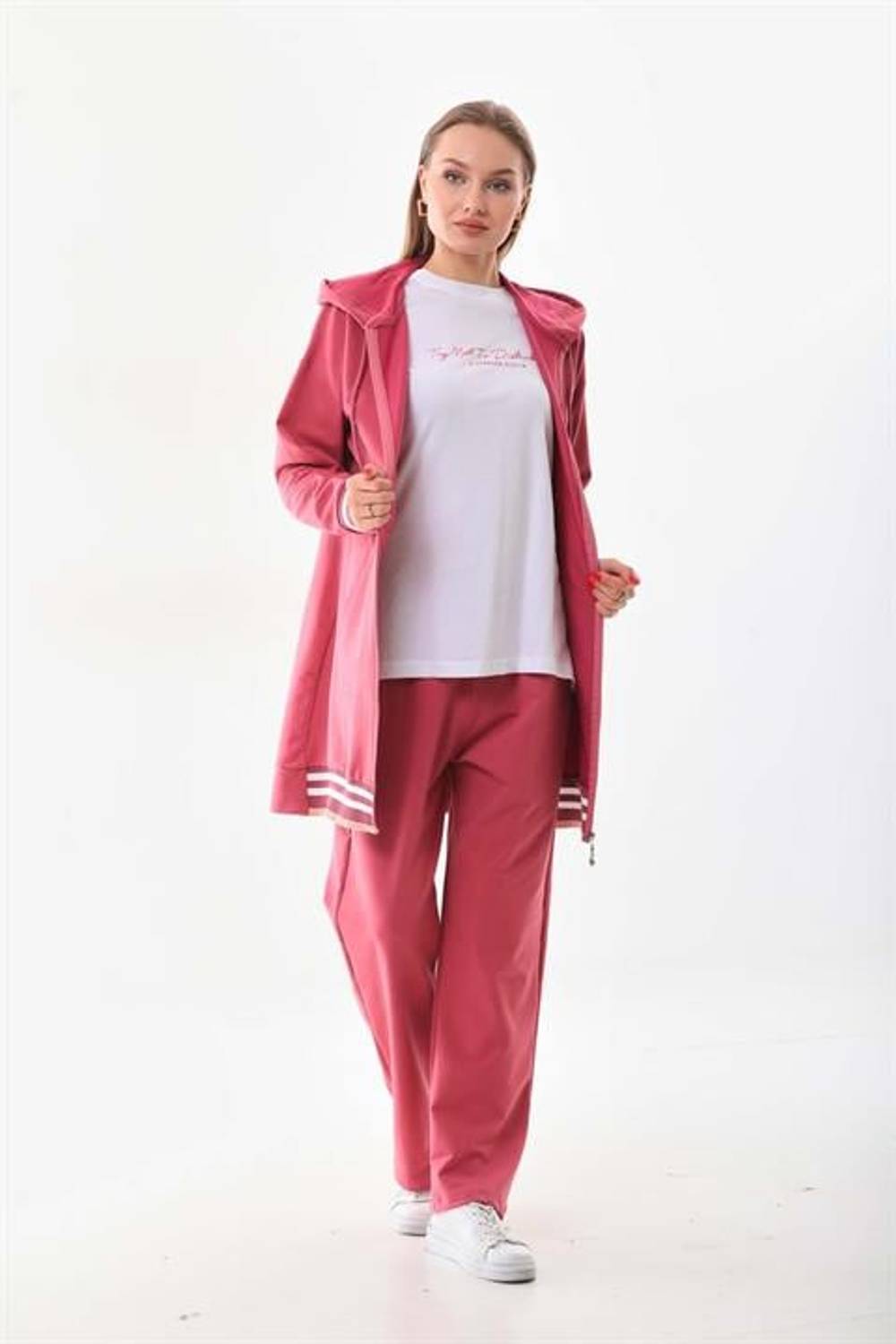 Женский трикотажный спортивный комплект в пудровом цвете с отделкой, 3 предмета, капюшон, карманы, идеален для активного отдыха