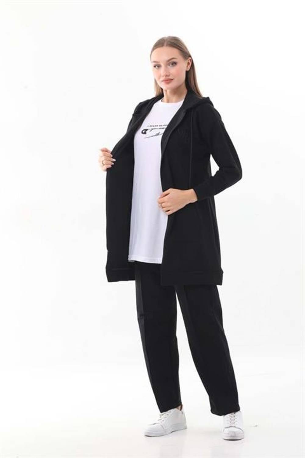 Women's Embossed Printed Black Color 3-Piece Sports Suit