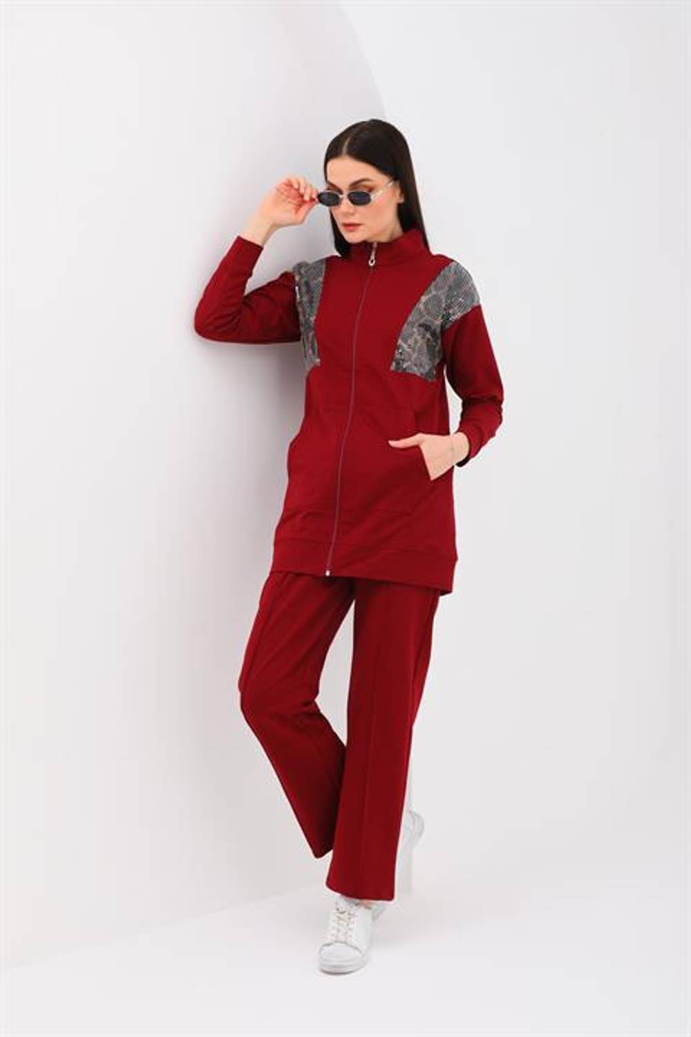Women's Leopard Sequined Daily 2-piece Sports Suit CLARET red