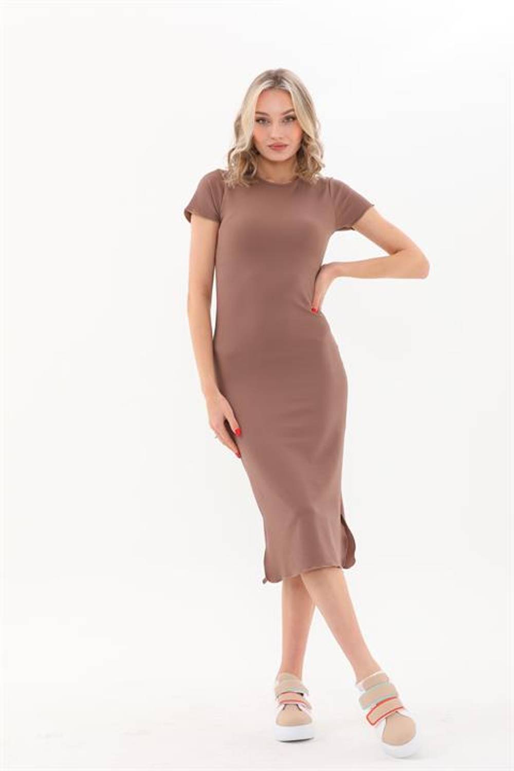 Ribbed Slit Short Sleeve Summer Midi Daily Pencil Dress Mink