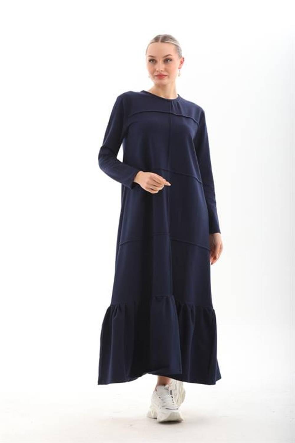 DARK BLUE Blocked Skirt with Frills Hijab Daily Long Sports Casual Dress