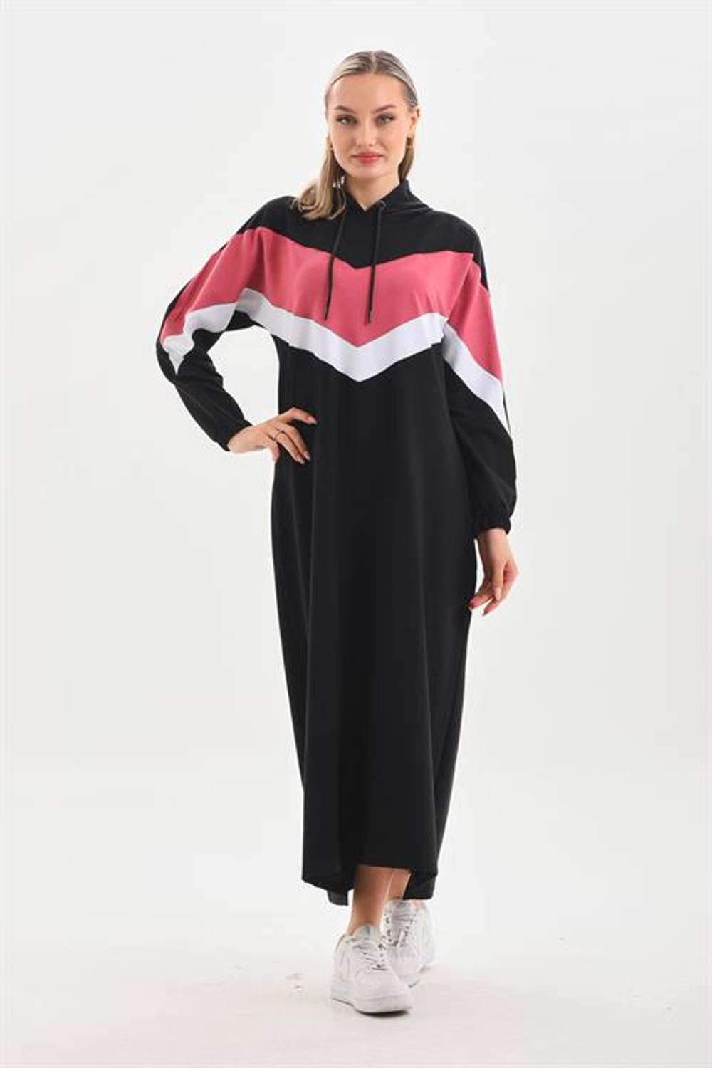 Powder V Pattern Color Block Hijab Daily Long Sports Dress