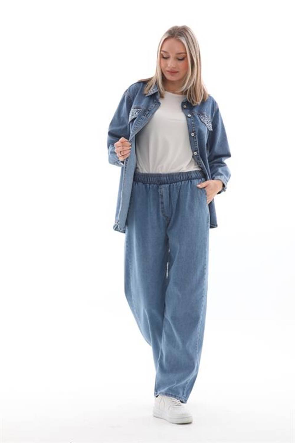 Kadın Taş İşlemeli Tesettür Kot Alt Üst Takım Açık Eskitme Renk