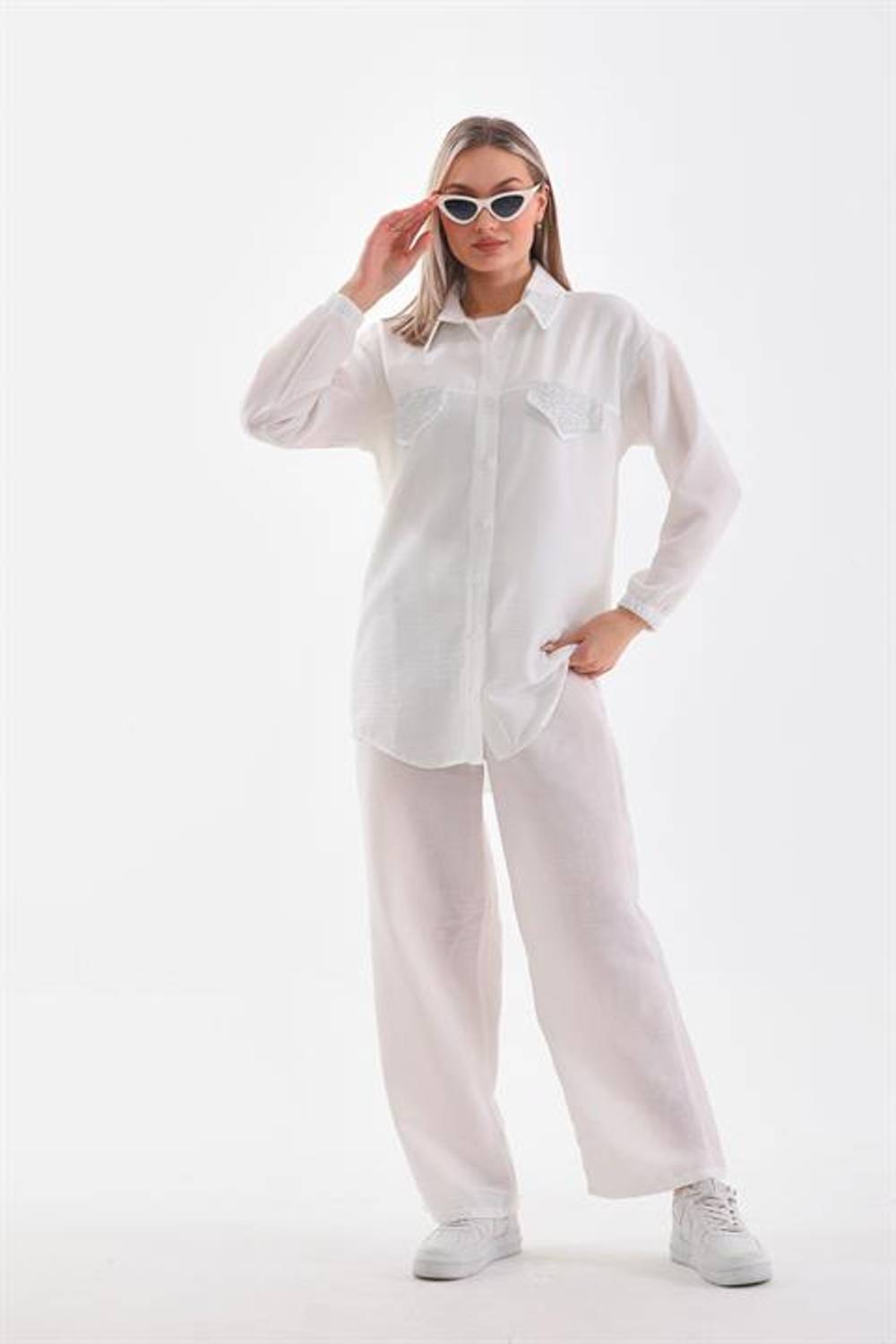 Kadın Taş İşlemeli Tesettür İkili Yazlık Alt Üst Takım - Ekru