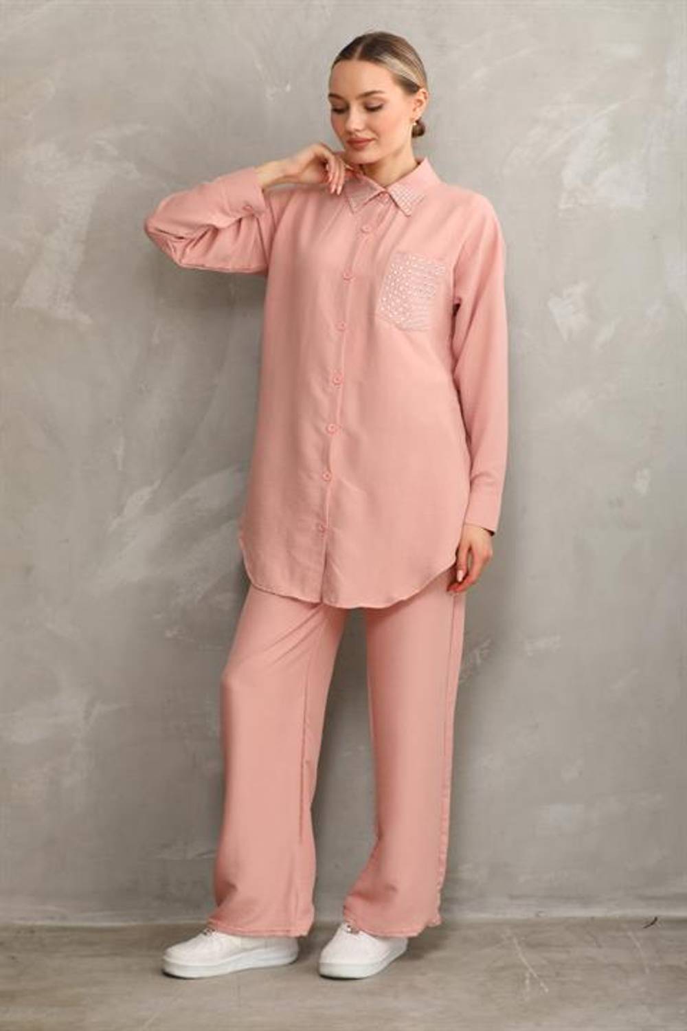 Kadın Taşlı Tesettür İkili Yazlık Tunik Pantolon Alt Üst Takım - Pudra