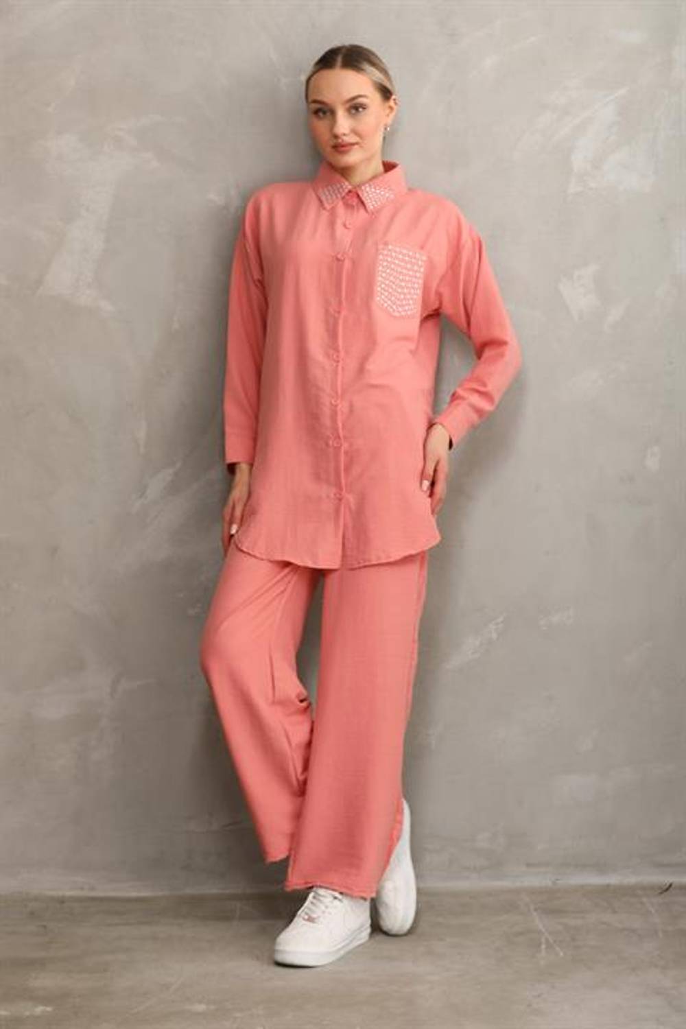 Kadın Taşlı Tesettür İkili Yazlık Tunik Pantolon Alt Üst Takım - Somon