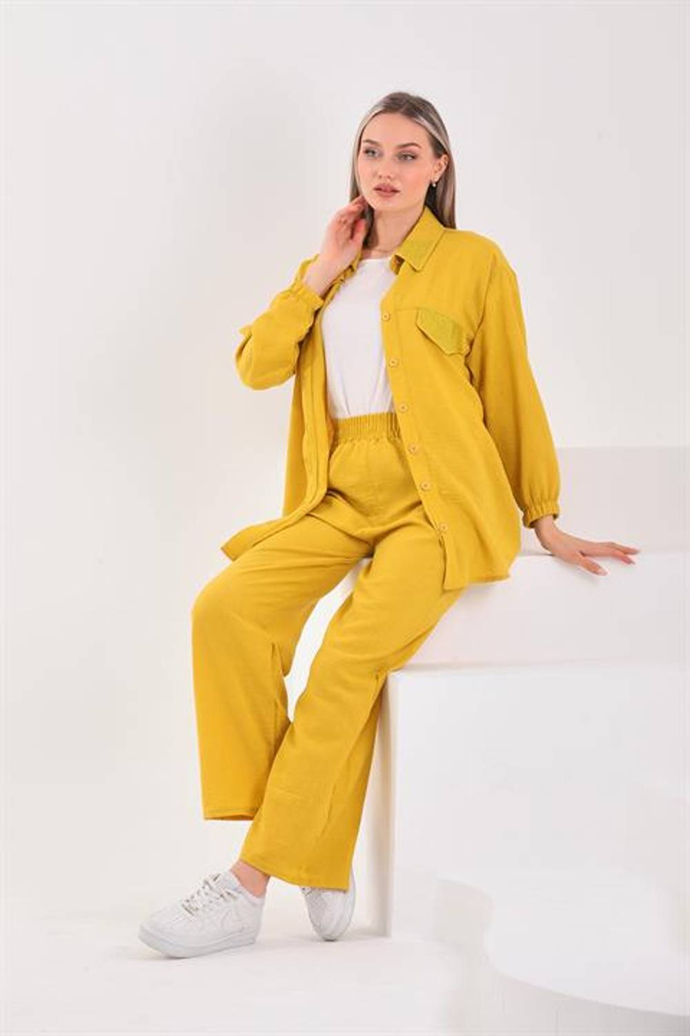 Kadın Taş İşlemeli Tesettür İkili Yazlık Alt Üst Takım - Hardal Sarı