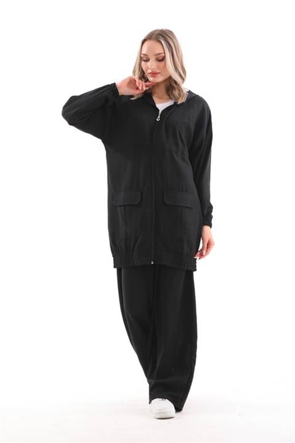 Kadın Tesettür Yazlık Trenç Pantolon Alt Üst İkili Keten Takım - Siyah