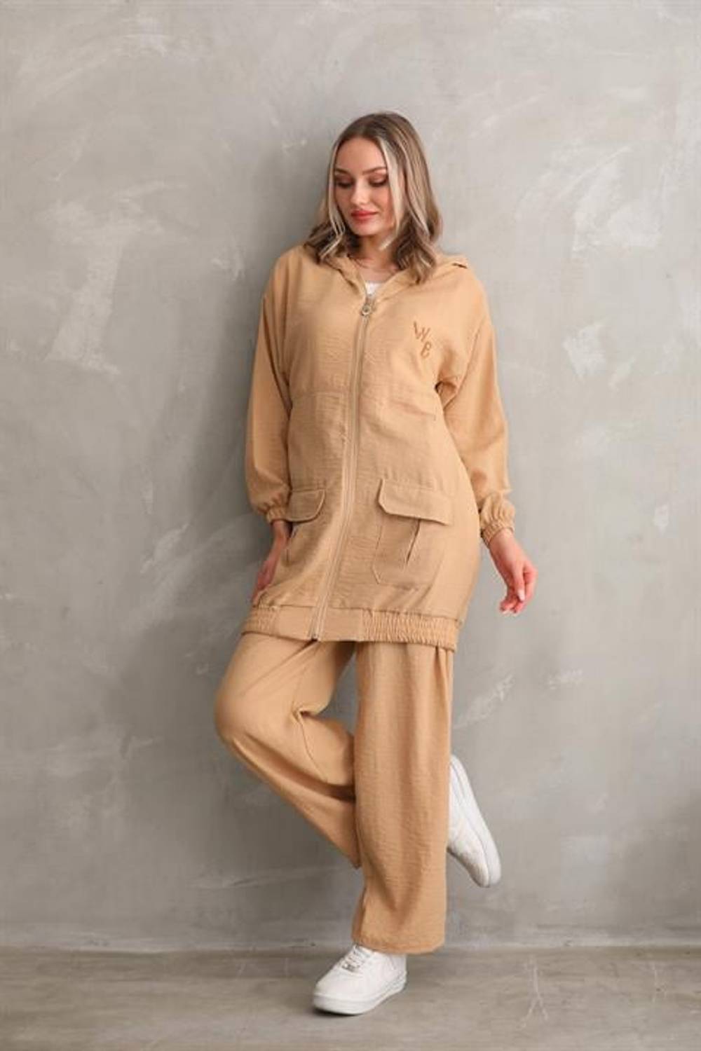 Kadın Tesettür Yazlık Trenç Pantolon Alt Üst İkili Keten Takım - Vizon