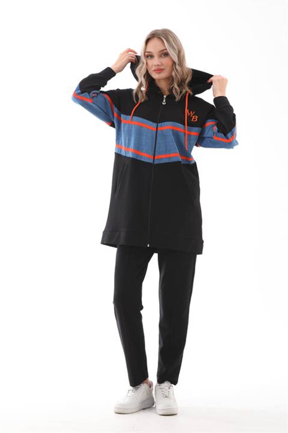 Kadın Kot Parçalı Şeritli Alt Üst İkili Eşofman Takımı SİYAH