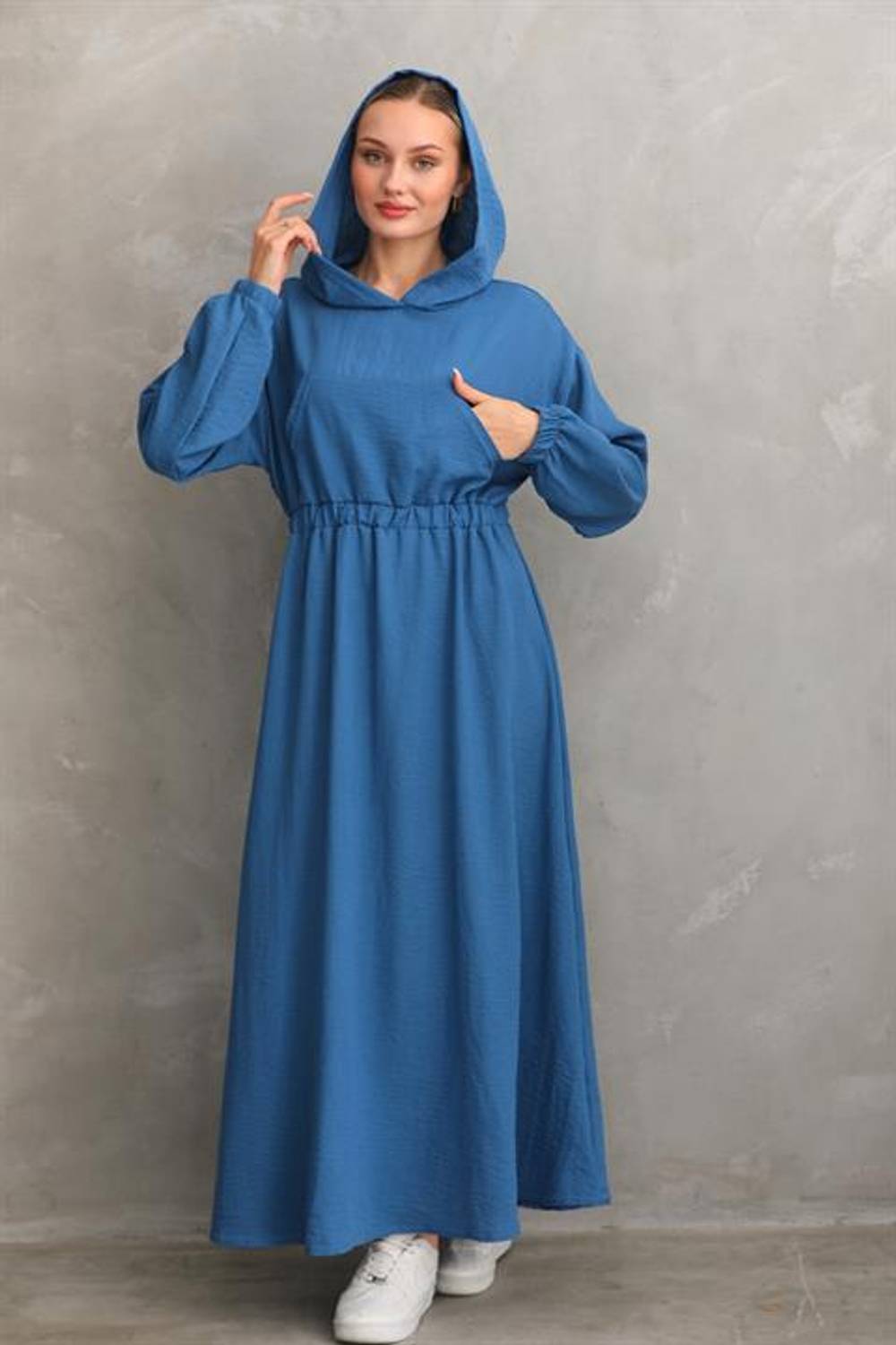 Женское летнее платье из льна с капюшоном, эластичным поясом и карманами, цвет индиго