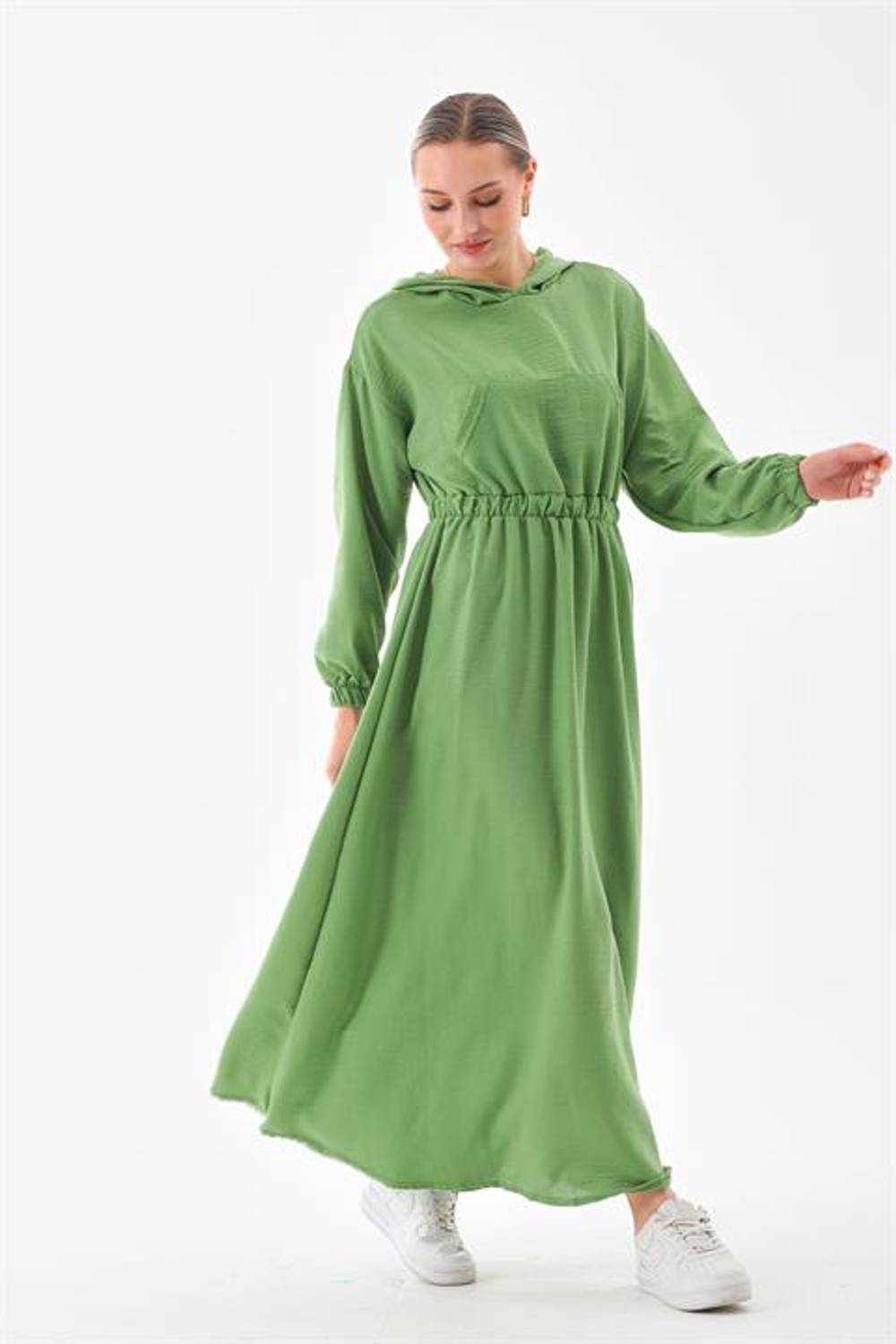 Kadın Yazlık Keten Tesettür Spor  Elbise Kapüşonlu Belden Büzgülü Cepli YEŞİL