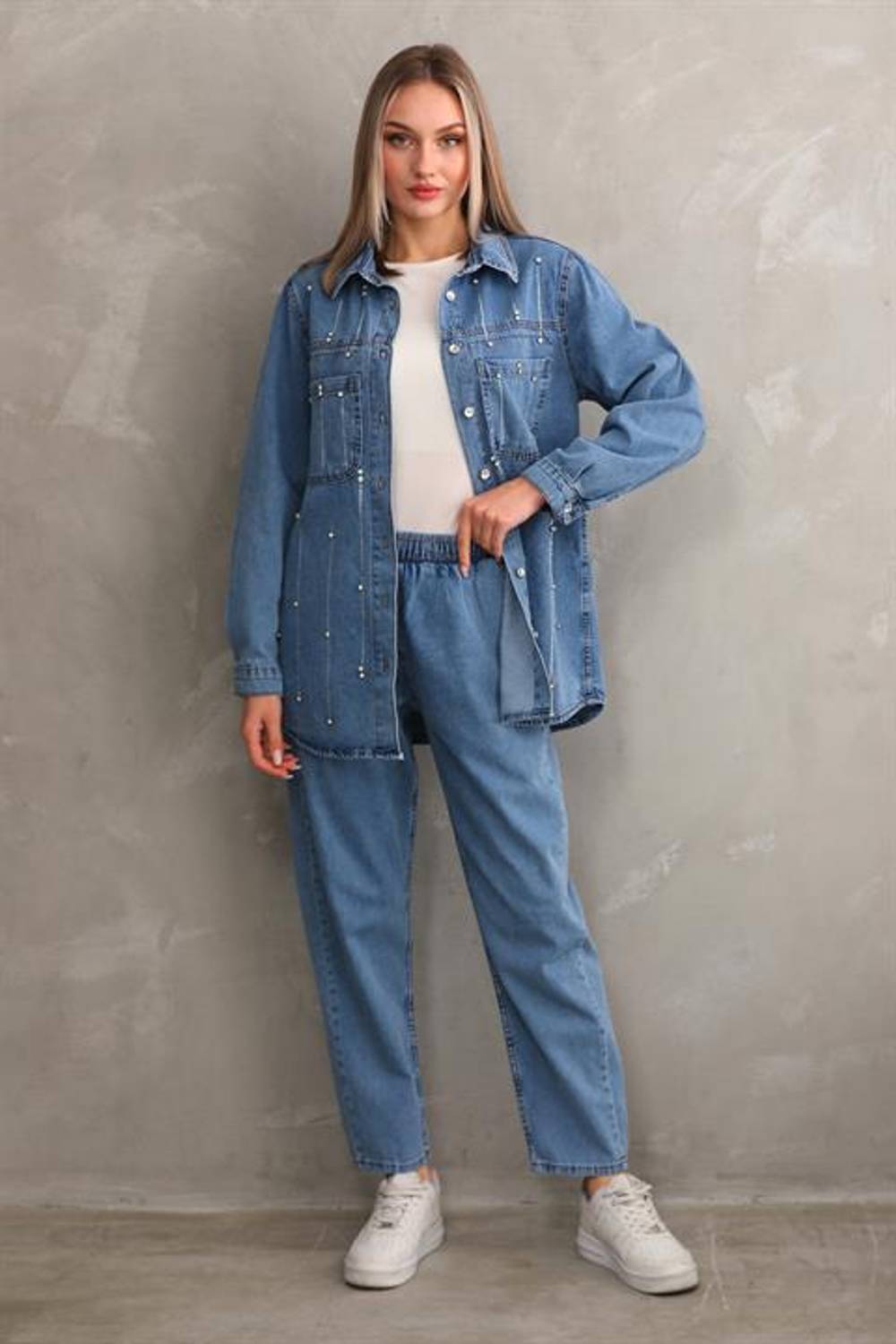 Kadın Yağmut Motif Taş İşlemeli Tesettür Alt Üst Kot Takım AÇIK TON