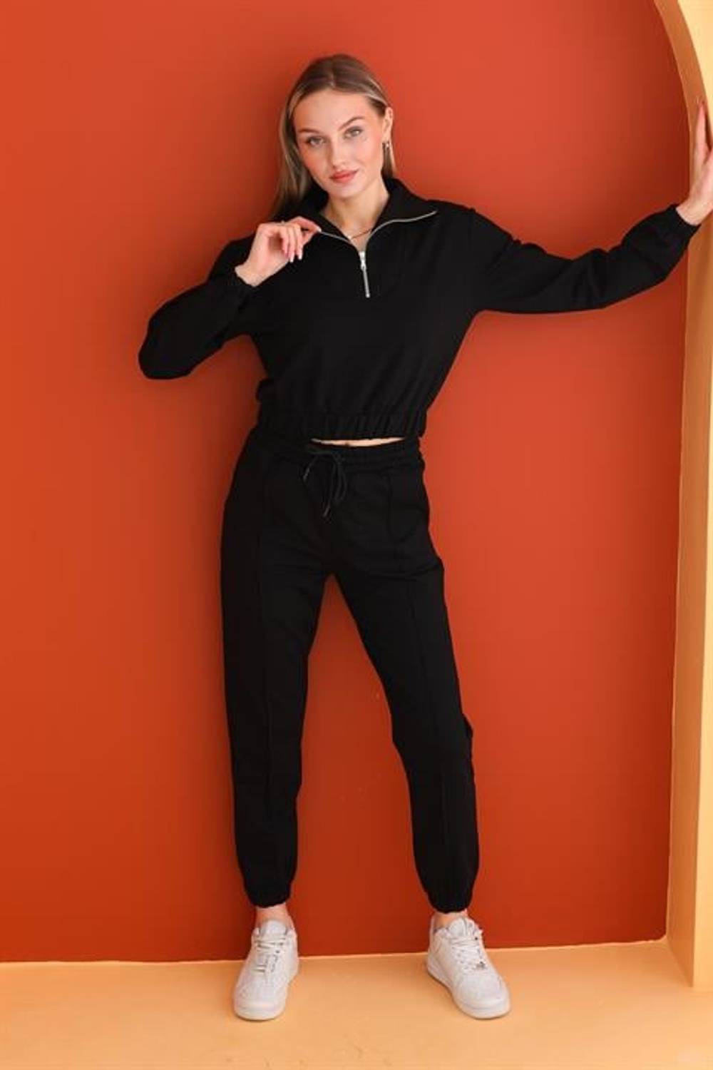 Kadın Crop Spor İkili Takım SİYAH