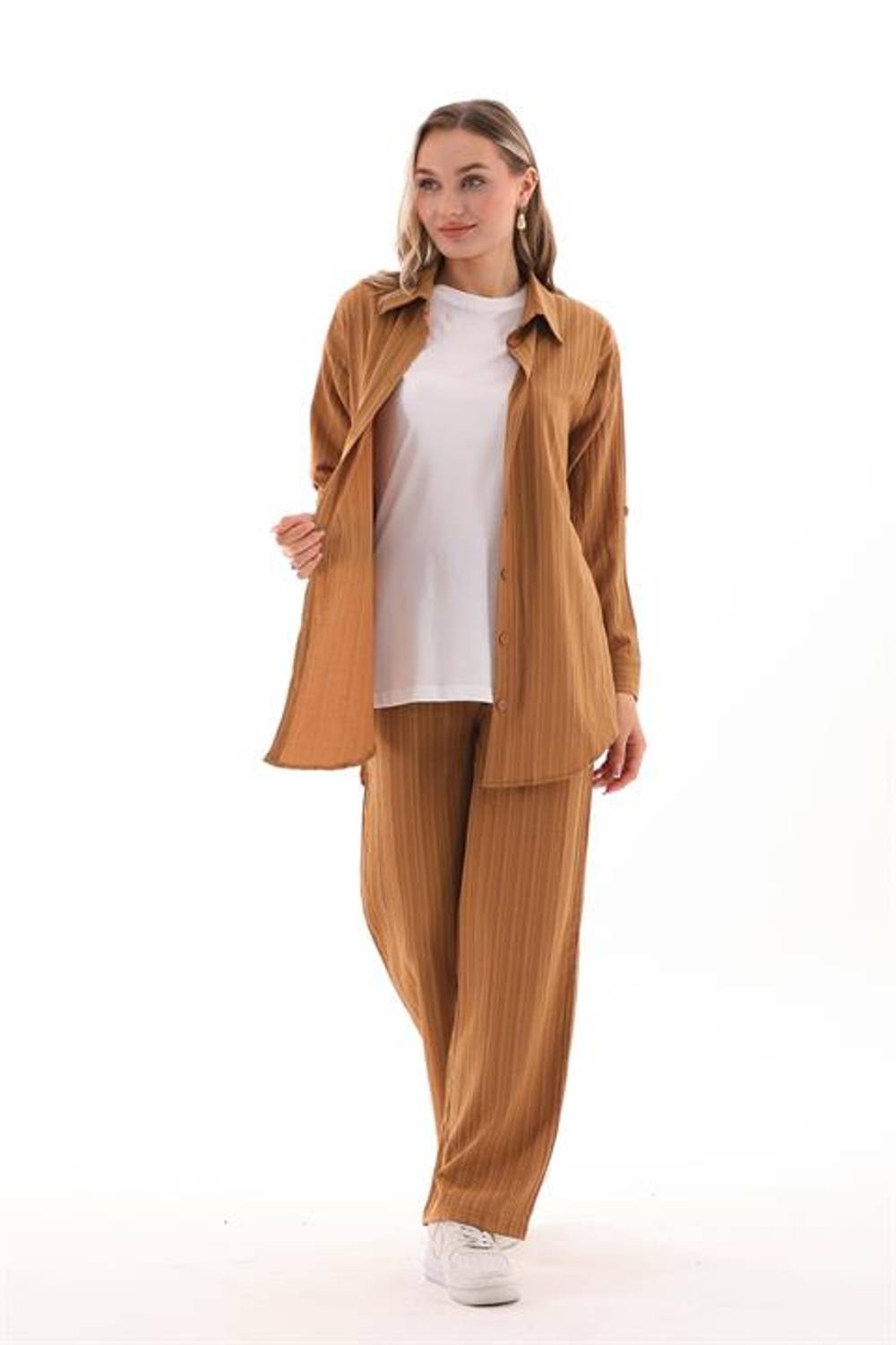 Kadın Günlük Üçlü Takım Gömlek Pantolon T-Shirt - KAHVE