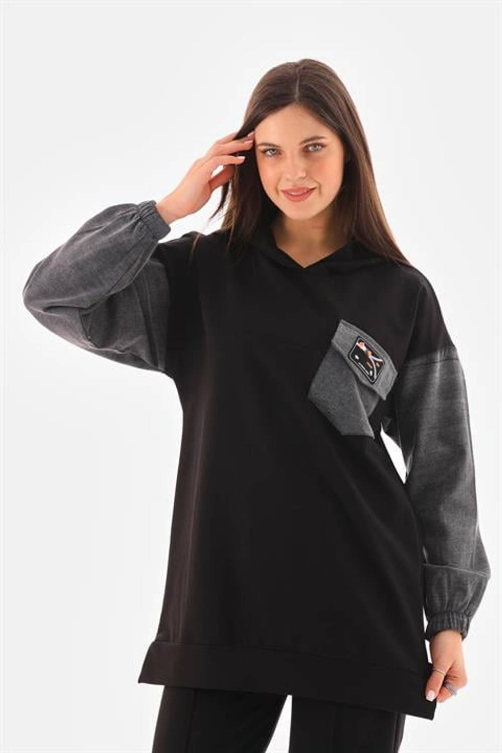 Kadın Kolları Kot Detaylı Spor İkili Takım Siyah