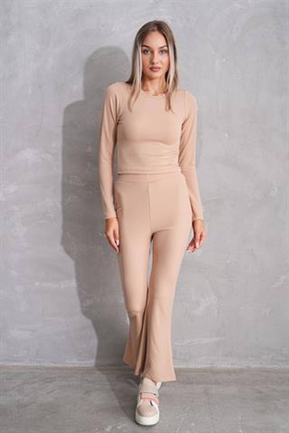 Kadın Fitilli İspanyol Paça Tayt Body İkili Palazzo Takım BEJ